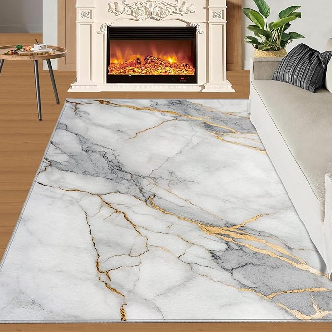 4x5 Abstract Marble Indoor Outdoor Rug - White-Marble Bedside Rug, Modern Luxury Washable Entry Way Rugs Kids Carpet for Inside House Playroom Living Room End Table Nursery