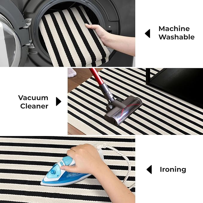 KOZYFLY Black and Beige Striped Porch Rug 2x3 Ft Small Area Rug Cotton Outdoor Doormat Front Door Rug Washable Outdoor Rug Farmhouse Layered Door Mat for Front Door Entryway Patio Porch