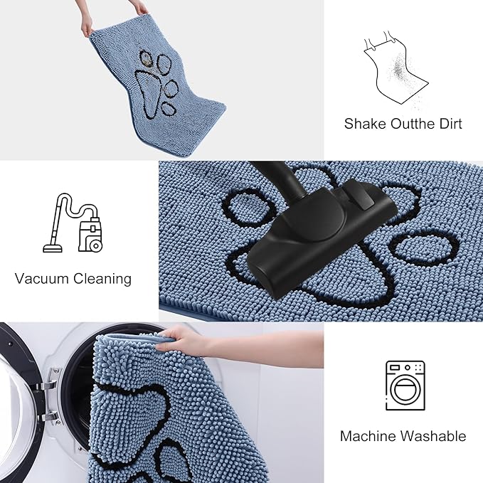 Smiry Dog Door Mat for Muddy Paws, Absorbent Dirt Trapper Non Slip Quick Dry Washable Chenille Mat for Mud Dogs, Entry Rug for Indoor and Outdoor (30x20 Inches, Airy Blue and Black)