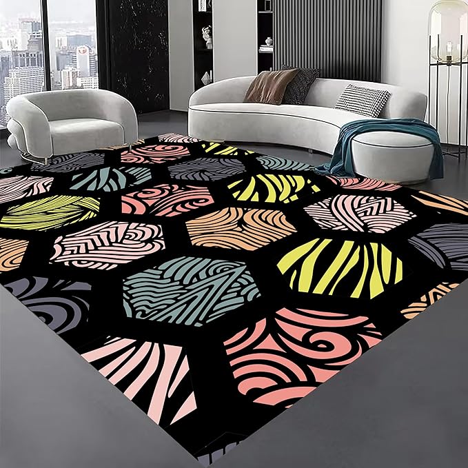 Large Living Room Area Rug 6x8ft,Modern Geometric Rugs, Multicolor Low Pile Farmhouse Carpet, Machine Washable & Non-Slip Non-Shedding for Classroom, Bedroom & Dorm