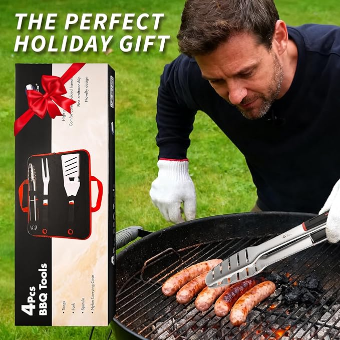 CuCut BBQ Tools Set, 4 PCS Heavy Duty Stainless Steel Spatula, Fork, Tongs with Portable Bag, Essential Accessories for Barbecue Outdoor Grill, Grilling Gifts for Men Dad Camp Chef