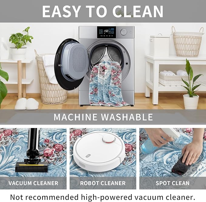 Easy-Going Area Rug 4x6 Washable Floral Rugs for Living Room Non-Slip Bedroom Rug Low Pile Lightweight Retro Flowers Throw Rug for Dining Room Kitchen Home Office Carpet, Teal Red
