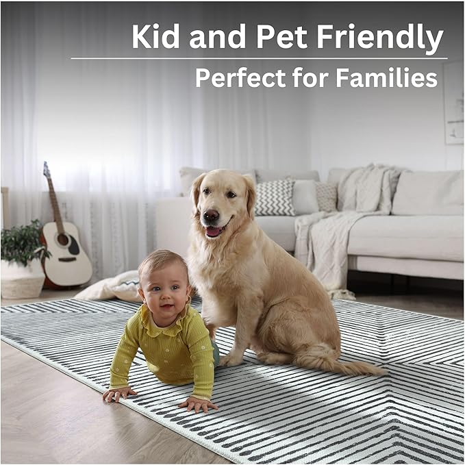 Bloom Rugs Washable Non-Slip 9' x 12' Rug - Black/Ivory Striped Area Rug for Living Room, Bedroom, Dining Room, and Kitchen - Exact Size: 9' x 12'