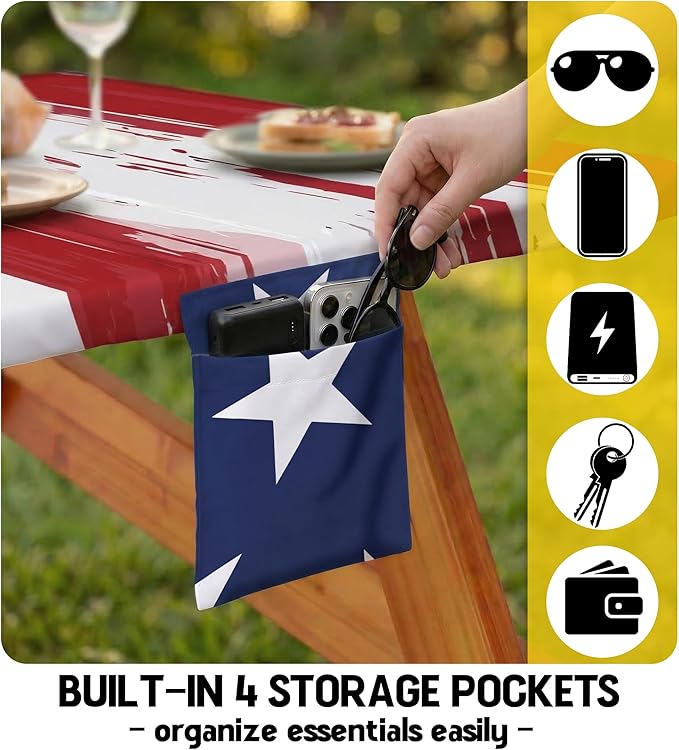 Picnic Table Cover with Bench Covers Waterproof Rectangle Tablecloth Camping Essentials Supplies Rv Travel Must Haves Gear Accessories Fitted Table Cloth Outdoor Road Trip Camper Gifts American Flag