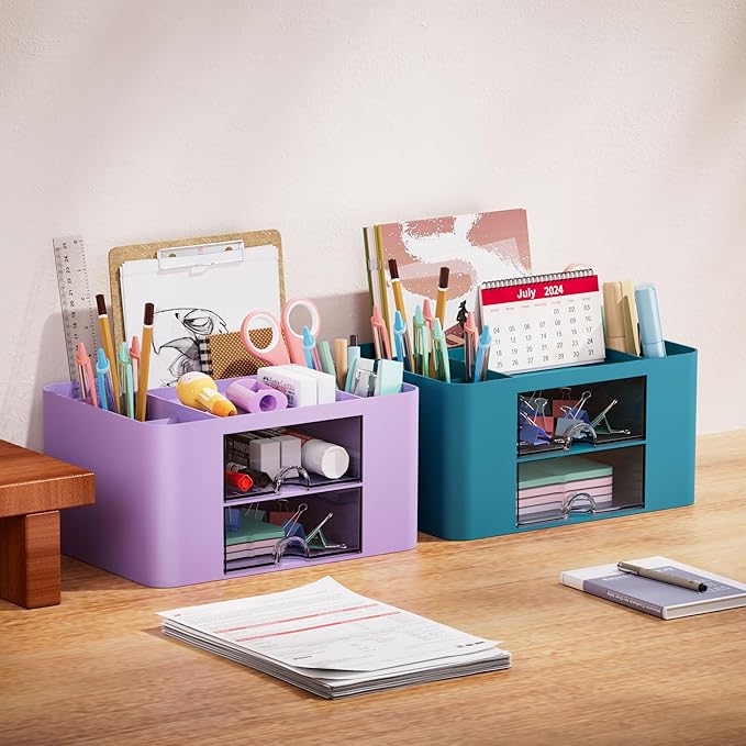 Marbrasse Pen Organizer with 2 Drawer, Multi-Functional Pencil Holder for Desk, Desk Organizers and Accessories with 5 Compartments + Drawer for Office Art Supplies (Purple)