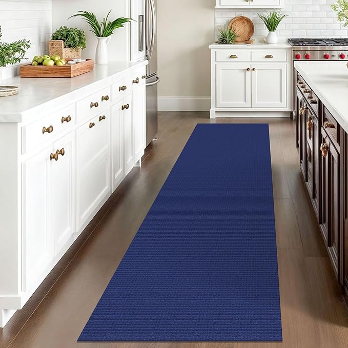 IOHOUZE Washable Runner Rug 2.6x10 Non Slip Rubber Backed Long Hallway Runner Entryway Runner Indoor, Kitchen Rugs Woven Cotton Floor Carpet for Hall Entrance, Royal Blue/Navy
