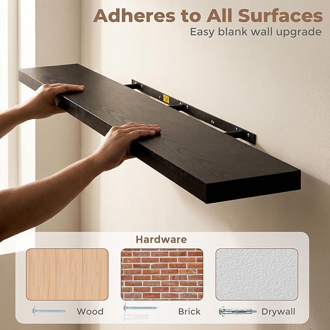 Venusmiles Floating Shelves for Wall, 72 Inch Floating Shelves Set of 1, 6.5" D Wooden Wall Mounted Display Shelves with Invisible Brackets for Living Room, Bedroom, Bathroom, Kitchen Decor, Black