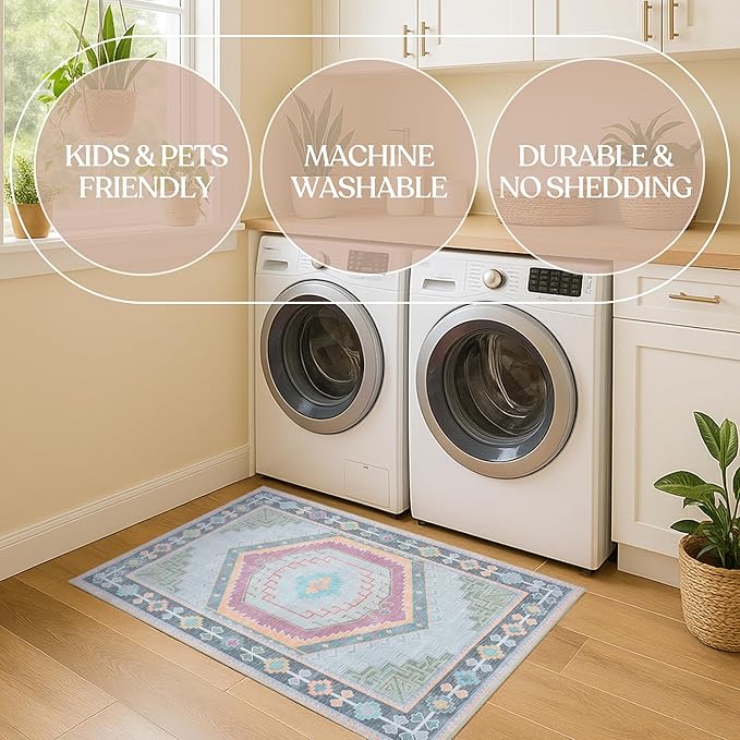 Fame Living Washable Area Rug. Modern Farmhouse. Vintage. Turkish. Bohemian. Distressed. Oriental. Traditional. Rugs for Living Room. Dining. Bedroom. Office. Entryway. Foyer. (856GP, 2'5" x 13')