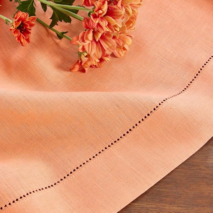 Solino Home Linen Coral Table Runner 120 Inches Long - 100% Pure Linen Hemstitch 14 x 120 Inch Table Runner for Dining - Classic Hemstitch