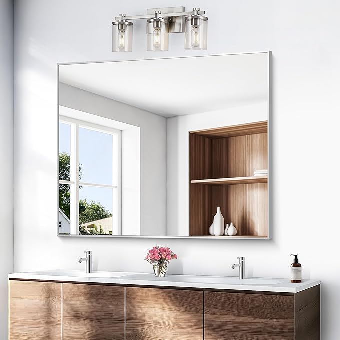 BONEWEI Silver Bathroom Mirror,40x48 inch Wall Mirror for Bathroom Wall Mounted,Large Rectangle Mirror for Bathroom Over Sink,Modern Metal Frame for Living Room,Bedroom Entryway,Horizontal/Vertical