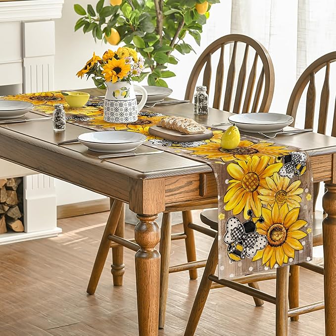 Artoid Mode Wood Sunflower Bee Flower Polka Dot Summer Table Runner, Seasonal Kitchen Dining Table Decoration for Home Party Decor 13x120 Inch