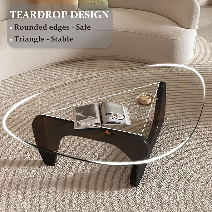 Modern Glass Coffee Table, 44.9"×32.3"×15.8" Triangle Center Table