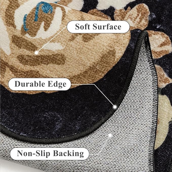 Washable Floral Area Rug 3x5 Black Office Carpet Scalloped Flower Non Slip Soft Entrance Door Mat Farmhouse Low Pile Thin Indoor Floor Cover for Kitchen Bathroom Bedroom Laundry Living Room