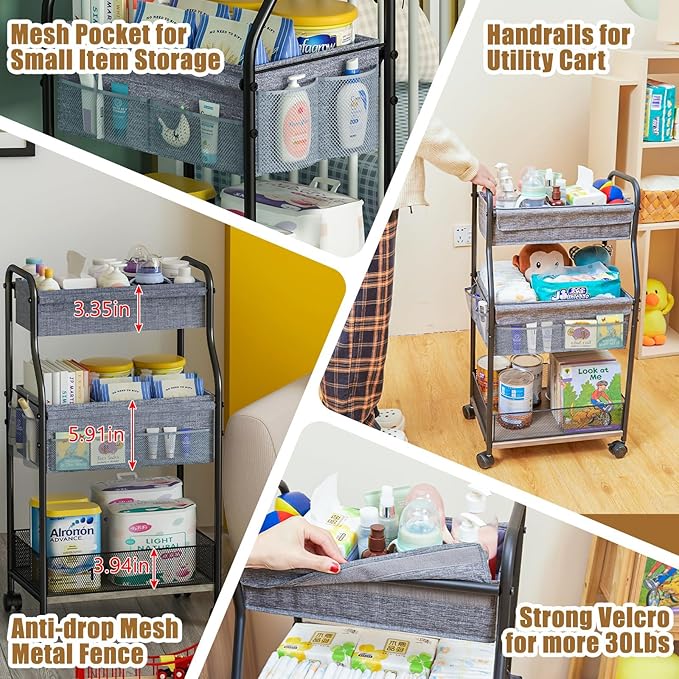 3-Tier Baby Diaper Caddy Organizer and Storage Cart, Mobile Metal Utility Cart with Rolling Wheels for Nursery Essentials with 4+2 Dividers, Large Capacity Rolling Cart For Bedroom, Bathroom, Nursery