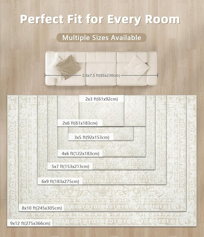 Runner Rug 2x6 Entryway Rug - Machine Washable Vintage Boho Area Rug Non-Slip Kitchen Runner Soft Stain Resistant Floral Runners for Hallways Entryway Laundry Bathroom Bedroom(Cream Beige, 2'x6')