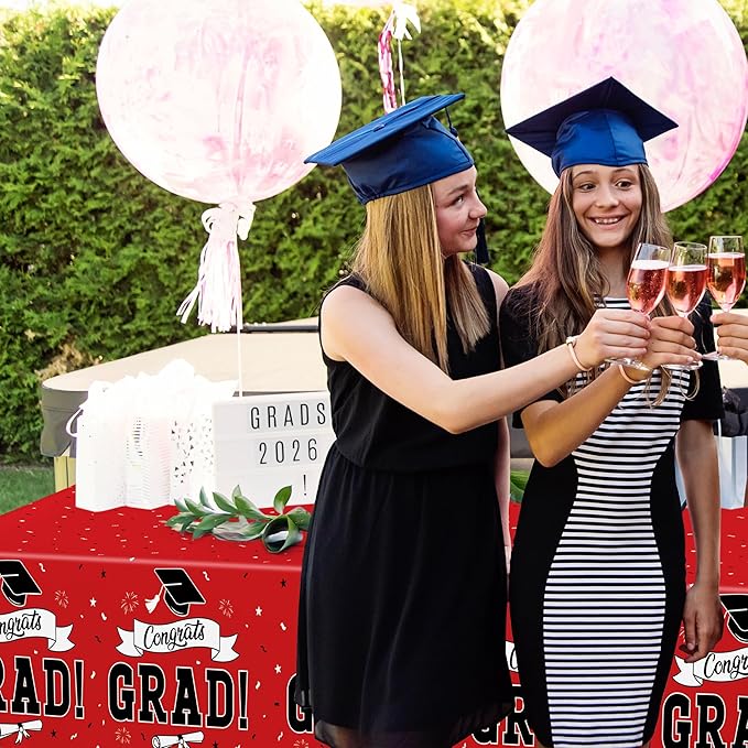 2 PCS Graduation Tablecloth, 108" X 54" Red Graduation Table Decorations 2026, Disposable Plastic Tablecover for Grad Decor Party Supplies, Rectangle Table Cloths for Class 2026 Congrats Grad for kids