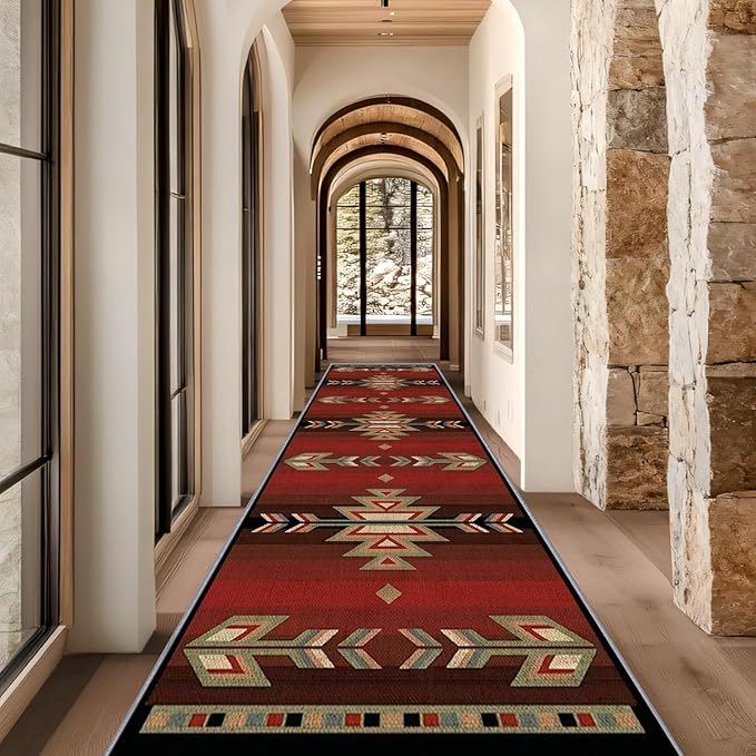 Red Arrow Runner Rug, 1.3x7ft Retro Geometric Hallway Runner Rug - Corridor & Busy Home Foyer Rugs, Washable Flannel Non-Slip Mat, Southwestern Tribe Decor Carpet for High-Traffic Areas