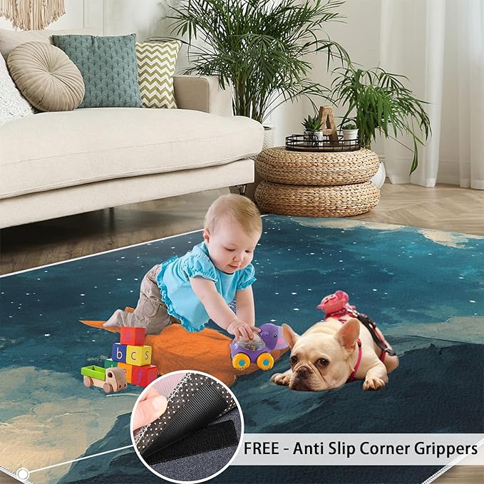 Orange Cat Rugs for Bedroom - 6x9 Area Rug - Cartoon Starry Sky Rugs for Living Room, 3D Cute Cat Rug, Non-Slip Washable Home Decor Carpet