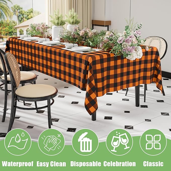 Smiry 6 Pack Gingham Disposable Table Cloth, 54 x 108 Inch Waterproof Plastic Tablecloth, Rectangle Black and Orange Checkered Table Covers for Picnic, Birthday, Party