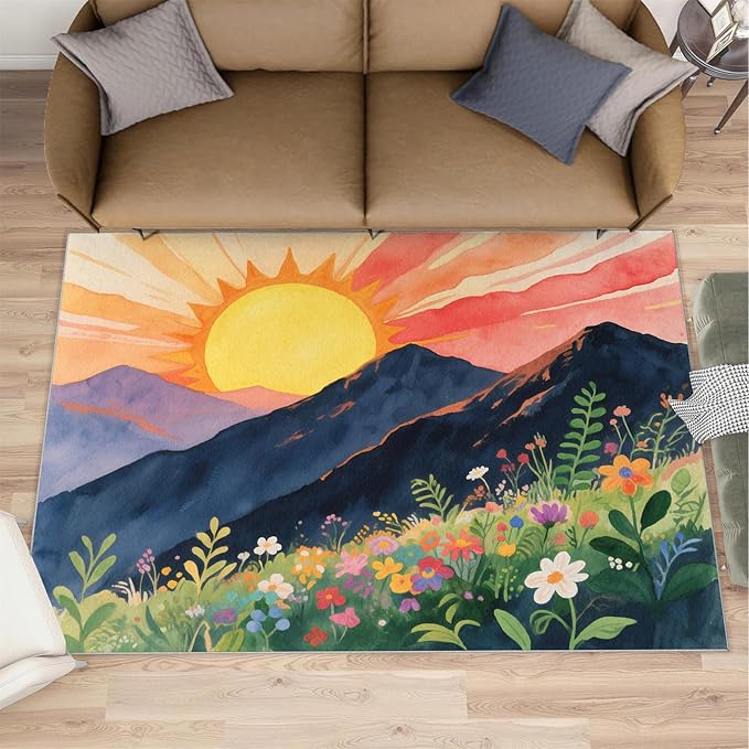 Boho Sun Area Rugs 4x5ft, Minimalist Line Kids Play Rug, Geometric Solar Throw Rugs Bedroom Fluffie Soft for Coffee Shop Living Room Under Table Game Room