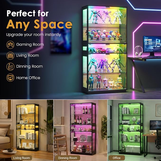 RGB Glass Display Cabinet, 5-Tier Lighted Display Case