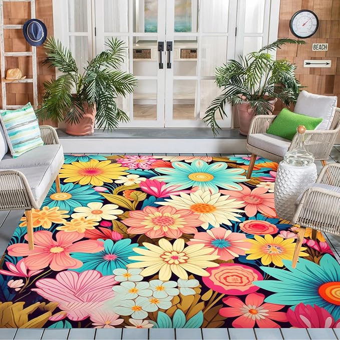 Large Floral Outdoor Rug for Patio Balcony Deck Camping Poolside Garden Machine Washable Waterproof Porch Backyard Outside Carpet 8x10 Blue Yellow Pink Flower Mat Easy Clean