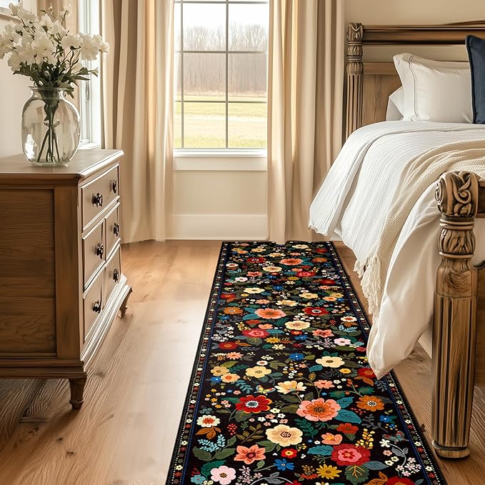 Floral 2x10 Area Rug Machine Washable Soft Print Boho Carpet Non Slip Doormat Low Pile Flower Area Rugs for Living Room Bedroom Nursery Kitchen Dining Room Indoor-Black