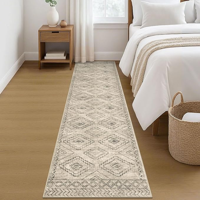 KILOCOCO Hallway Runner Rug 2'x8' Runners for Hallways Washable Runner Rug Non Slip Rubber Backed Low-Pile Runners for Bedroom Kitchen Living Room Laundry Room Boho Rugs, Beige/Gray/Green