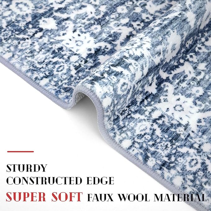 Vintage Floral 2x6 Runner Rug, Light Blue White Washable Kitchen Runner Rug Non-Slip Hallway Rug Runner Thin Printed Faux Wool Super Soft Carpet for Entryway Bedroom Laundry Room Indoor