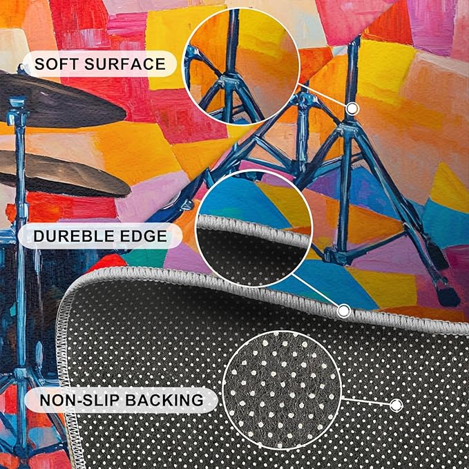 3x6 Drum Set Bedroom Rug Under Bed - Abstract Art Kids Room Rugs, Pop Art Bedroom Runner Rug Soft Washable for Living Room Kitchen