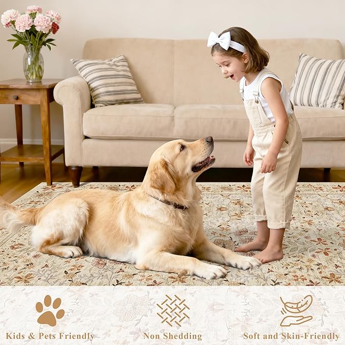 DOKINO 2x10 Runner Rug for Hallway, Vintage Washable Long Kitchen Rug with Low Pile Design, Floral Non Slip Soft Carpet Runner for Hallway, Kitchen, Bathroom, Bedroom, Beige