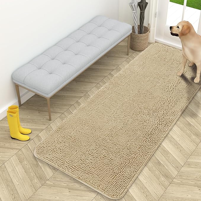 OLANLY Dog Door Mat for Muddy Paws 59x24, Absorbs Moisture and Dirt, Absorbent Non-Slip Washable Doormat, Quick Dry Chenille Mud Mat for Dogs, Entry Indoor Entryway Carpet for Inside Floor, Beige