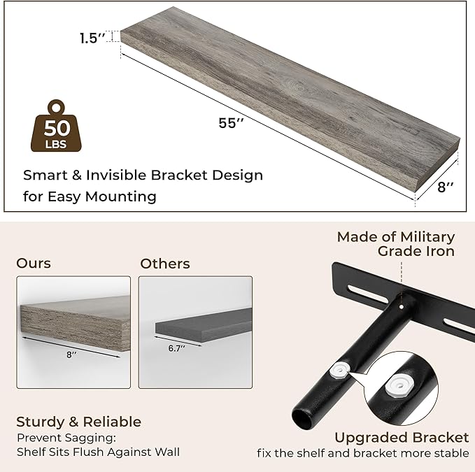 RICHFOCUS 55Inch Floating Shelves for Wall 2 Pack Shelves for Bedroom|Kitchen|Bathroom Wall Mounted Rustic Wood Floating Shelf with Invisible Brackets for Books|Storage|Decor, Grey