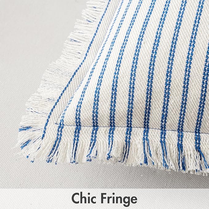 MIULEE Pack of 2 Royal Blue Pillow Covers 22x22 Inch Striped Farmhouse Couch Throw Pillow Covers with Fringe Chic Linen Decorative Cushion Covers for Sofa Living Room Bed Outdoor Home Decor