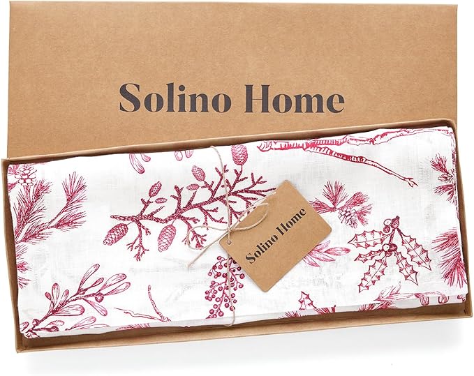 Solino Home 100% Pure Linen Christmas Table Runner 132 Inches Long - Red/White Table Runner 14 x 132 Inch - Handcrafted and Machine Washable - Winter Forest Print