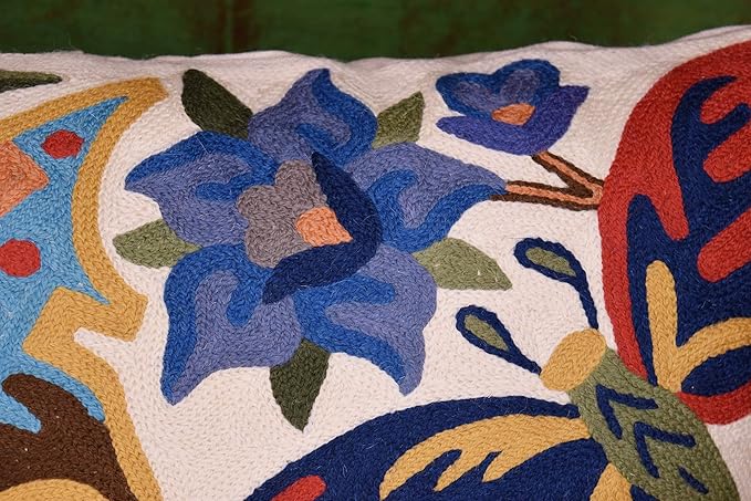 Butterfly Floral Decorative Pillow Cover Moth Botanical Flower Pillowcase Couch Hand Embroidered Flowery Outdoor Cushion Chair Suzani Accent Wool 18x18 Inch