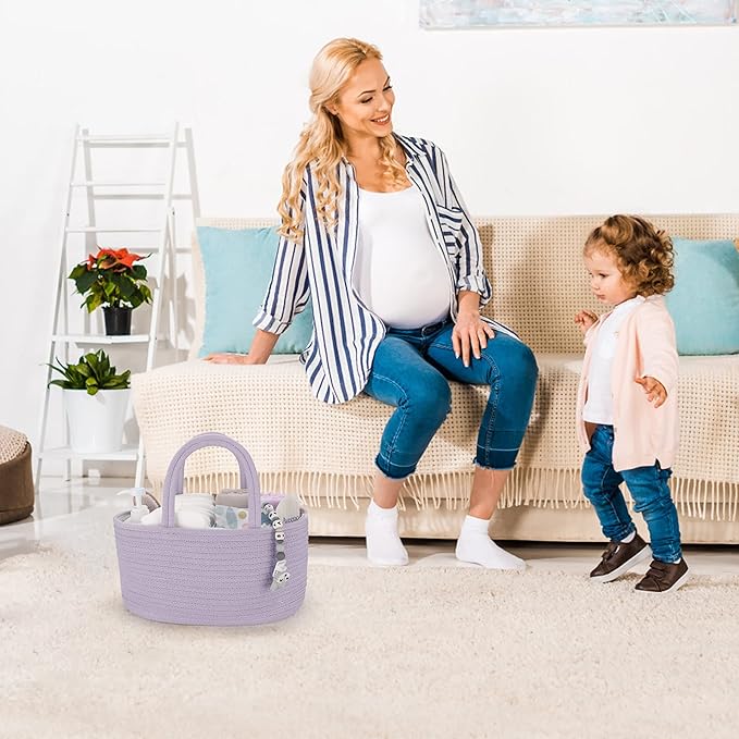 Baby Diaper Caddy Organizer Cotton Rope Nursery Storage Bin Basket Portable Holder Tote Bag for Changing Table Car Travel Baby Shower Gifts Newborn Essentials Registry Must Have Purple or Lavender