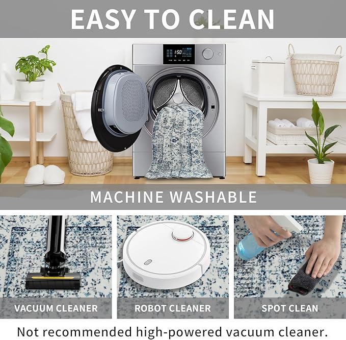 Easy-Going Area Rug 6x9 Washable Boho Rugs for Living Room Non-Slip Bedroom Rug Low Pile Lightweight Floral Print Vintage Throw Rug for Dining Room Kitchen Home Office Carpet, Blue Cream