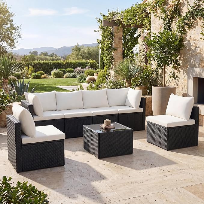 DUMOS 7 Piece Outdoor Patio Sectional Sofa, Modular Wicker Furniture Set