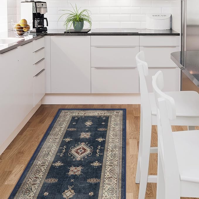 RUGGABLE Washable Vintage Area Rug – Verena Sapphire 8x10, Stain-Resistant, Non-Slip – Large Machine Washable Rugs for Living Room, Bedroom, Hallway, Entryway & Office–with Standard Pad