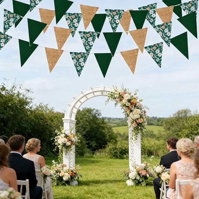 Zwiebeco 39Ft Dark Green Floral Fabric Pennant Banner Vintage Burlap Triangle Flag Retro Flower Bunting Party Decoration for Birthday Engagement Wedding Bridal Baby Shower Rustic Village Garden Decor