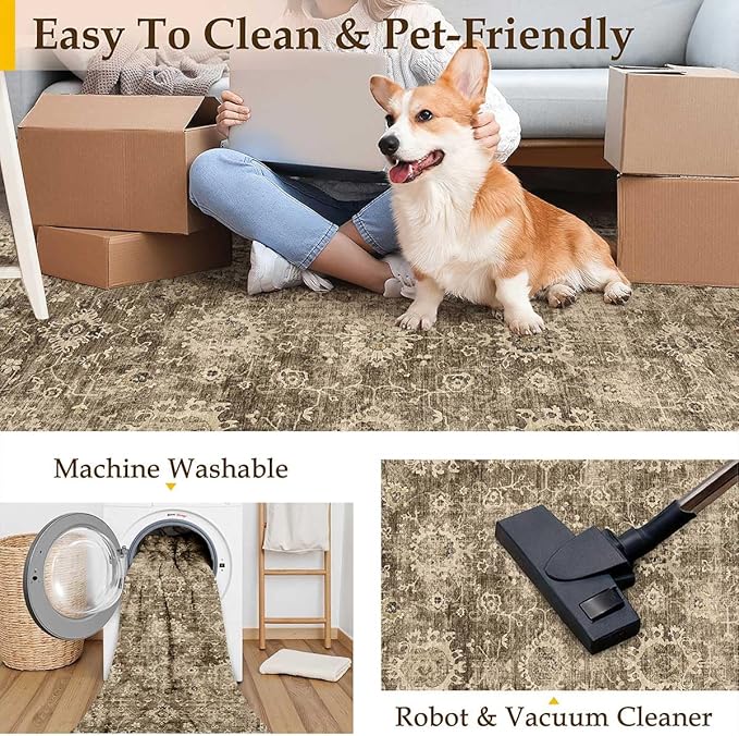 3x8 Washable Runner Rug for Kitchen Hallway Brown Vintage Non-Slip Low Pile Distressed Rustic Carpet Lightweight Vacuumable Soft Long Throw Rug for Indoor Entryway Bedroom