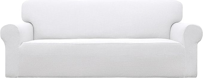 Easy-Going Stretch Oversized Sofa Slipcover 1-Piece Sofa Cover Furniture Protector Couch Soft with Elastic Bottom for Kids, Polyester Spandex Jacquard Fabric Small Checks Snow White