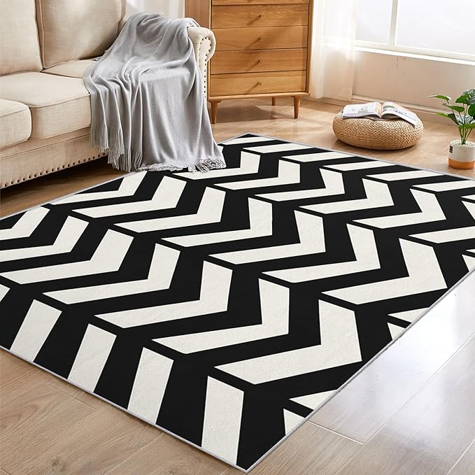 4x4 Black and White Chevron Rugs for Bedroom Decor, Washable Chevron Geometric Pattern Area Rug, Living Room Home Decoration, Non Slip Soft Thin, Modern Zigzag Decor Carpet PF-P 49