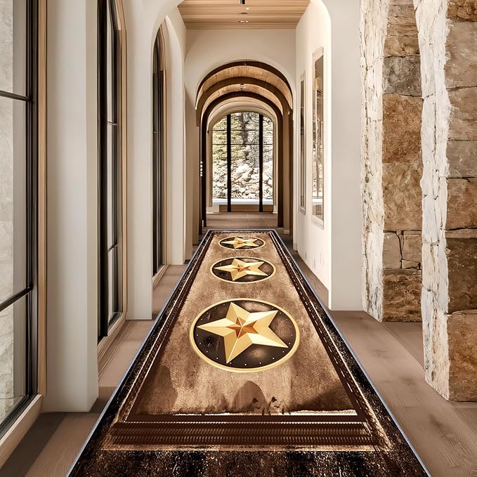 Gold Five-Point Star Runner Rug, 2.6x7ft Washable Hallway Badge Carpet, Corridor Accent Rugs, Stylish Decorative Runner for Home Hallway & Foyer, Vintage Style Non-Slip Mat