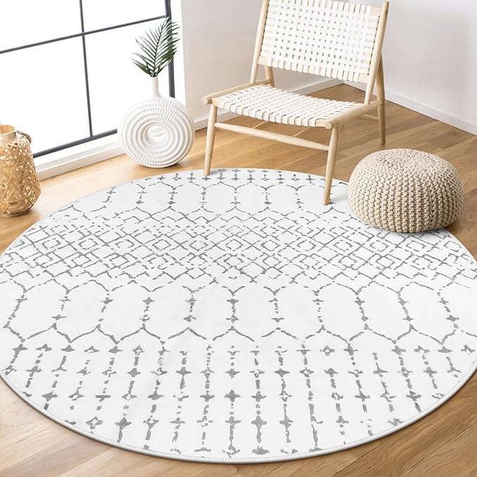 Lahome Moroccan Round Rugs 4Ft Washable Non-Slip Small Round Area Rug for Bedroom Soft White Low-Pile Round Throw Rug, Modern Geometric Print Indoor Circle Rugs for Kitchen Living Room Sofa Nursery