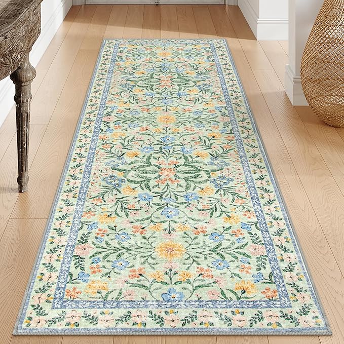 Morebes Washable Kitchen Runner Rug 2x6, Green Boho Floral Hallway Rug Runner Non Slip,Vintage Flower Soft Ultra-Thin Indoor Throw Carpet for Entryway Bathroom Laundry Room