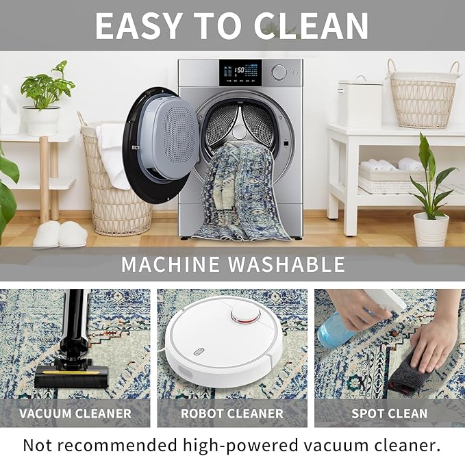 Easy-Going Round Rug 5ft Area Rug Washable Boho Circle Rugs for Living Room Non-Slip Bedroom Rug Low Pile Lightweight Medallion Distressed Throw Rug for Dining Room Kitchen Office, Vintage Blue Cream