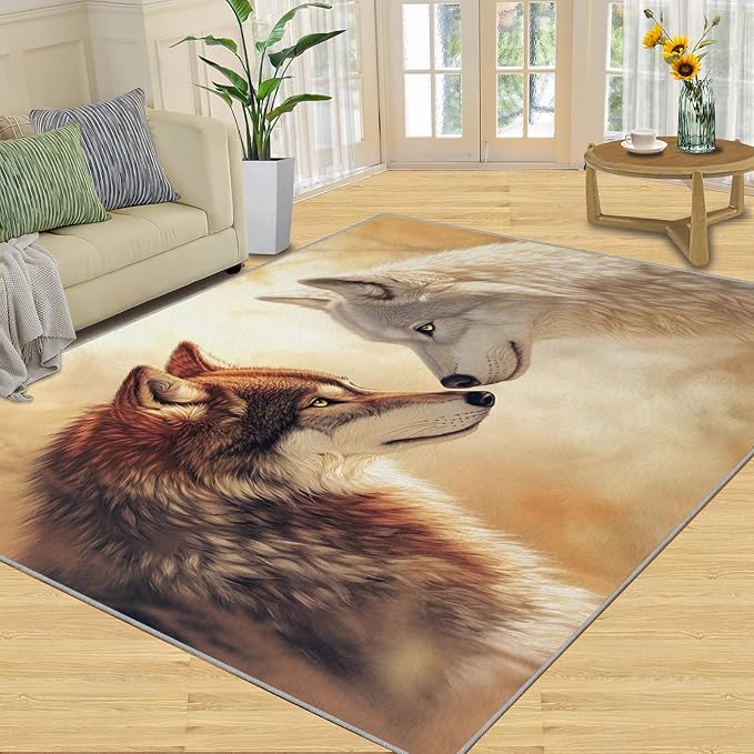 Wolf Rugs for Bedroom - 5x7 Area Rug - 3D Wolf Rugs for Living Room, Misty Forest Rug, Non-Slip Washable Home Decor Carpet