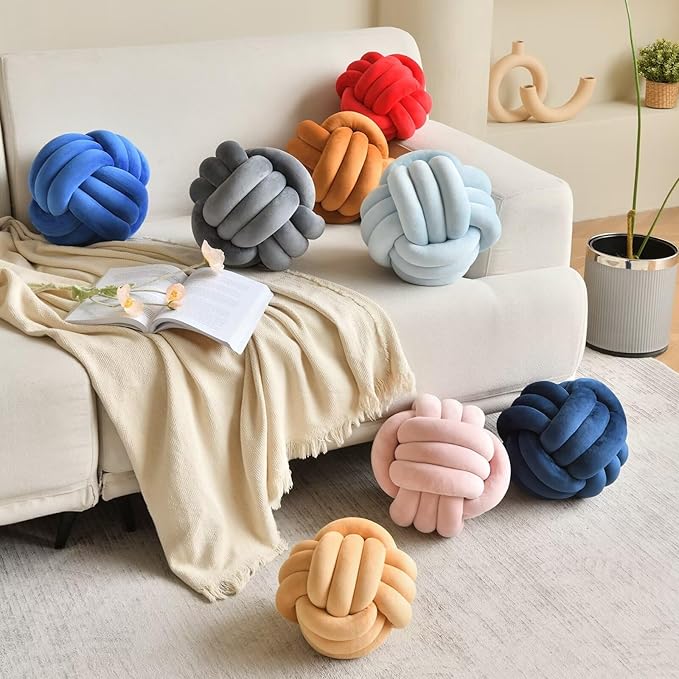 Decorative Throw Knot Pillow Ball for Home Chair Sofa Couch Bed Aesthetic Round Velvet Knotted Pillow Cushion (Dark Grey, 8 inches)